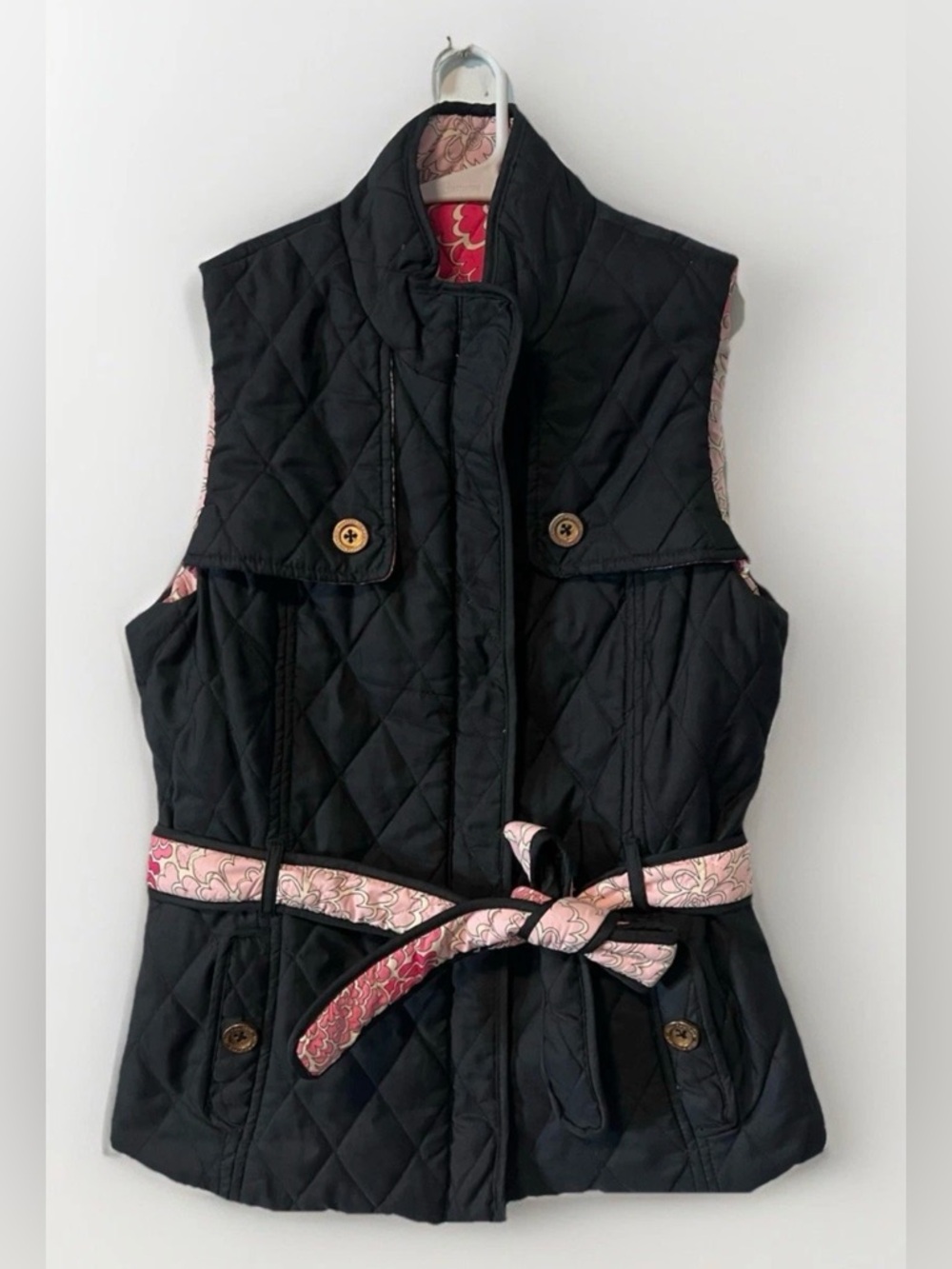 Lilly Pulitzer Reversible Quilted Puffer Vest XS Black Floral Tie